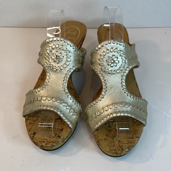 🌸JACK ROGERS PLATINUM LEATHER WEDGE SANDALS WITH CORK HEEL SIZE 9M. - Picture 2 of 9